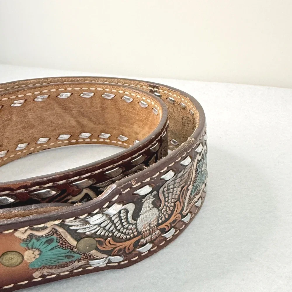 VTG Western Tooled Leather‎ Belt Eagle Floral Inlay Personalized Jerry Size 36